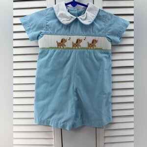 Petit Bebe size 9M hand smocked Blue Gingham Baby Romper with Puppy dog